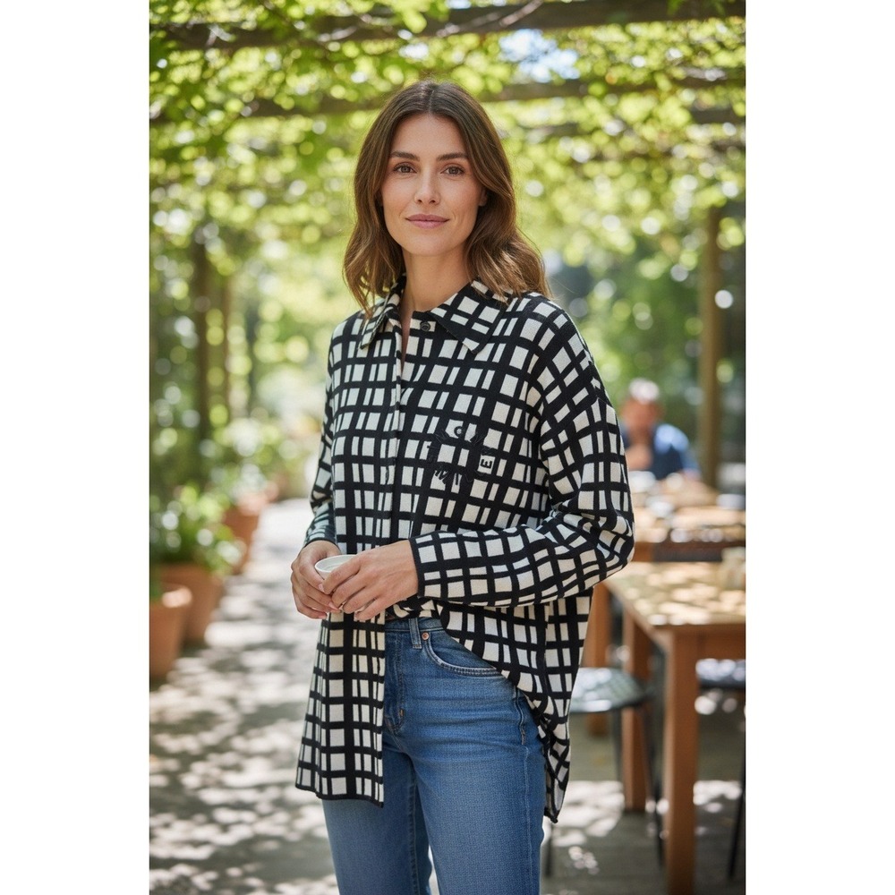 SIMON MILLER Black White Grid Check Long Sleeve Button Up Shirt Top Women's L